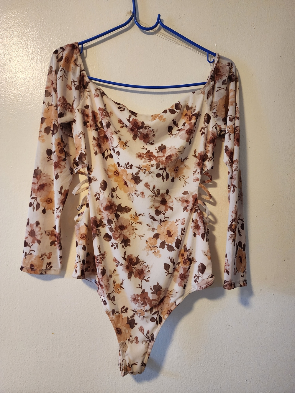 Chocolate Floral Lace-Up Long Sleeve Bodysuit in Cream and Brown Floral